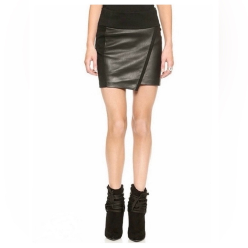 IRO Mini Skirt Leather & Knit The Jalie Black BodyCon Panel Assym Front  M/40